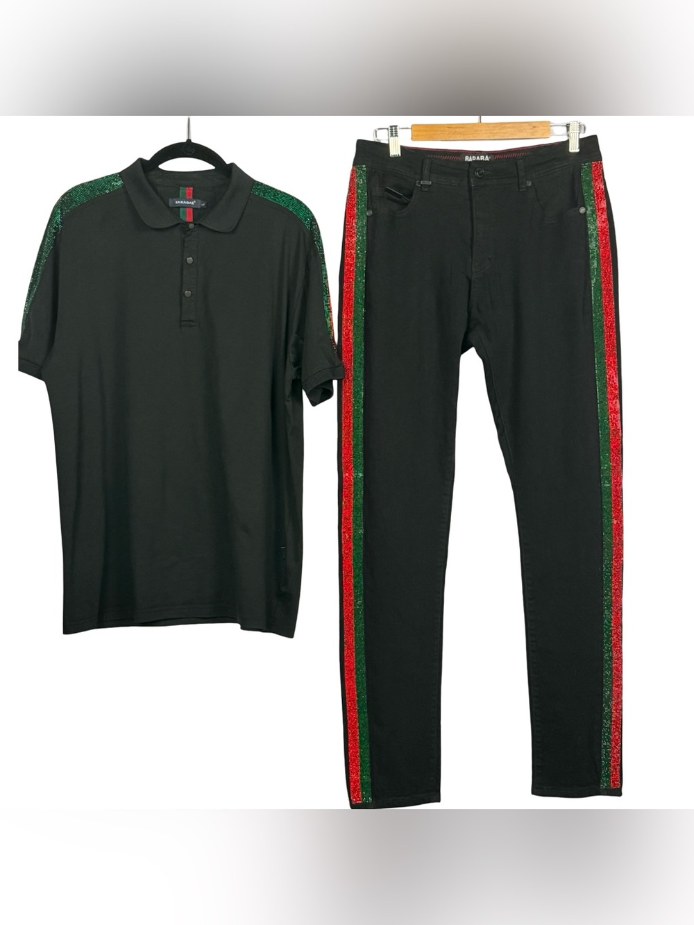 Men's Shirt & Jeans Set Barabas Black Rhinestone Side Stripe Size L/34